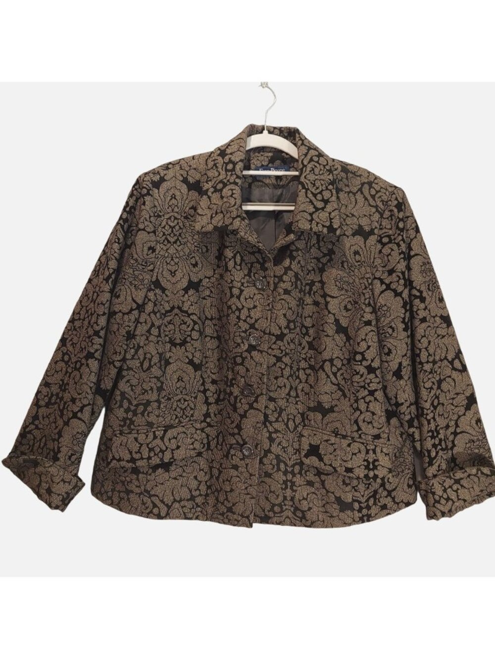 Evan Picone womens XL Gray Blazer Jacket floral embossed Black velvet Office